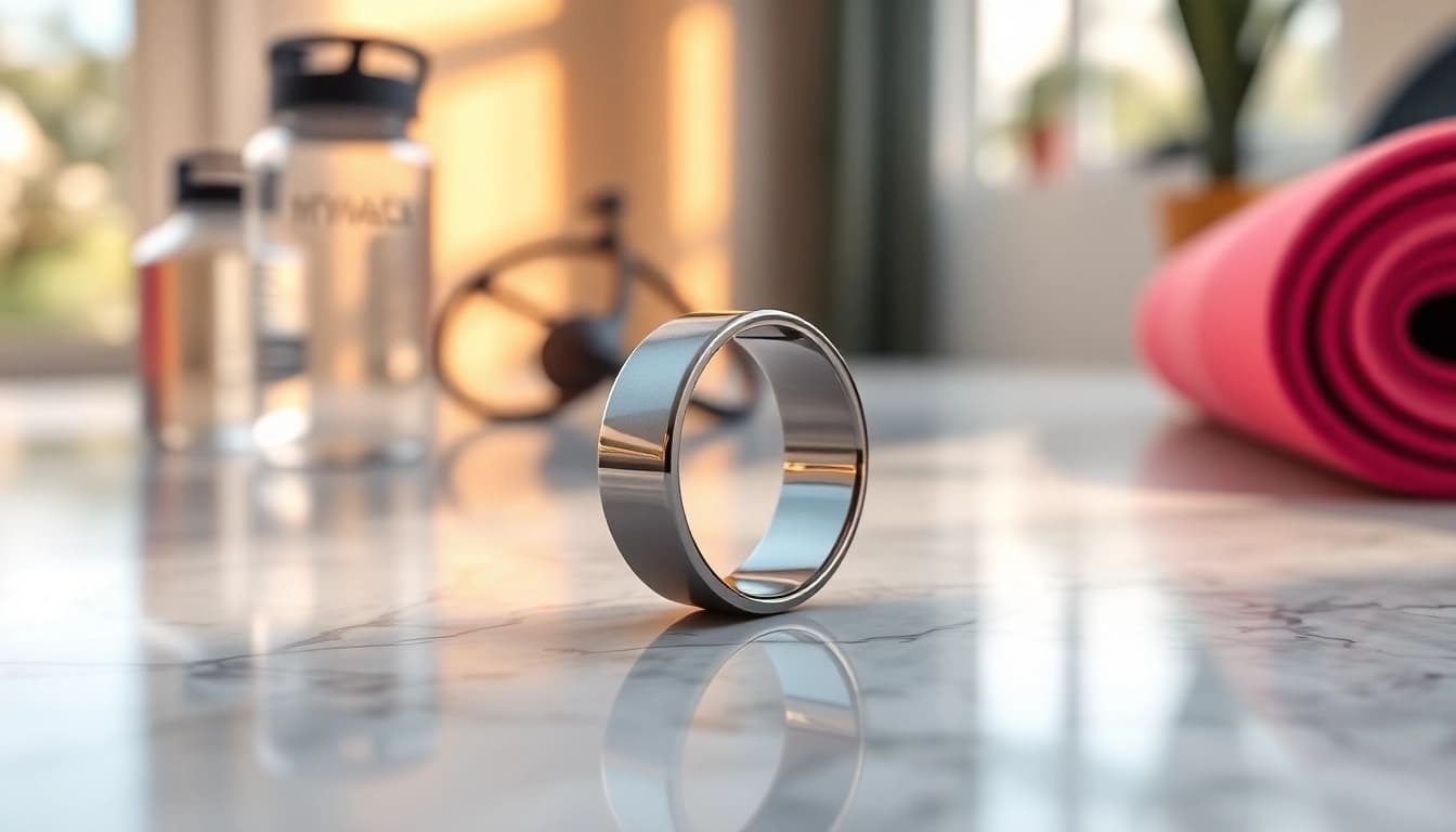 Showcasing a Smart Health Ring on a marble table, reflecting its sleek design and health-oriented features.