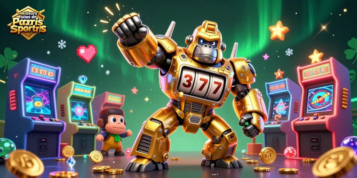 Illustration dynamique représentant les meilleurs sites de paris sportifs avec un gorille mech doré, symboles de chance, et éléments de jeu.