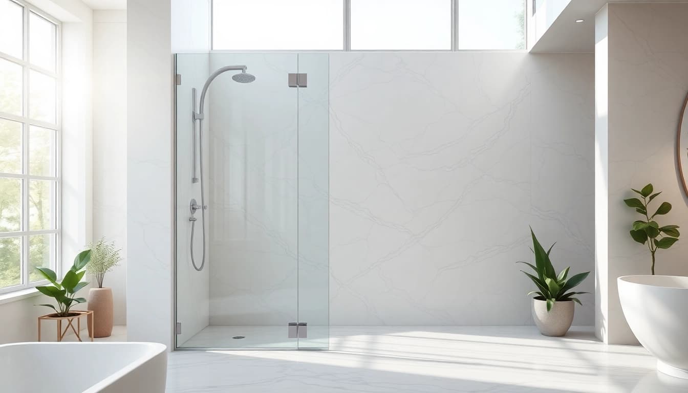 See stylish sunney shower doors complementing a luxurious bathroom with natural lighting and elegant decor.