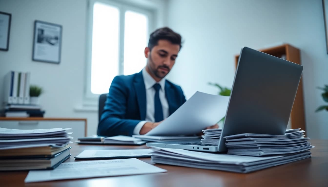 Professional translator performing traduzione giurata in a calm office setting.