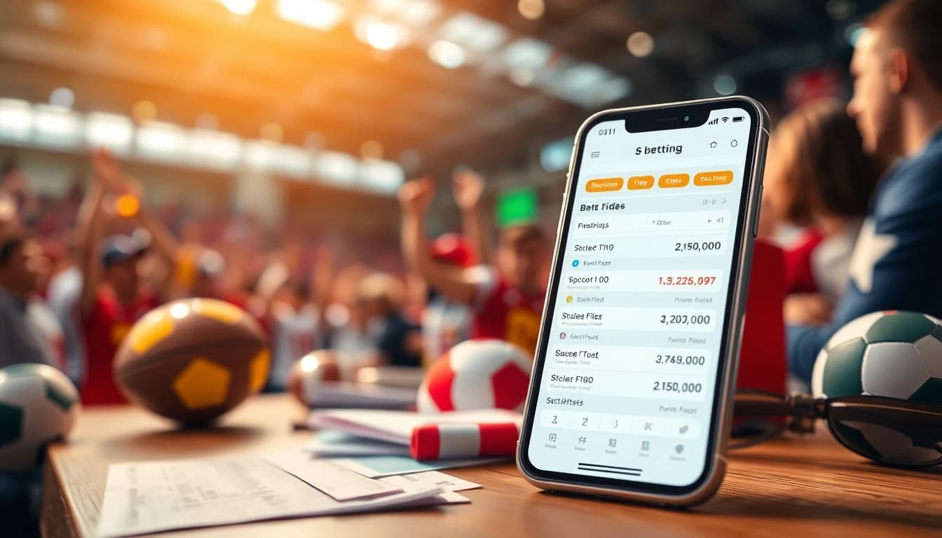 Explore the best sports betting sites India with an engaging mobile app interface in a vibrant sports setting.