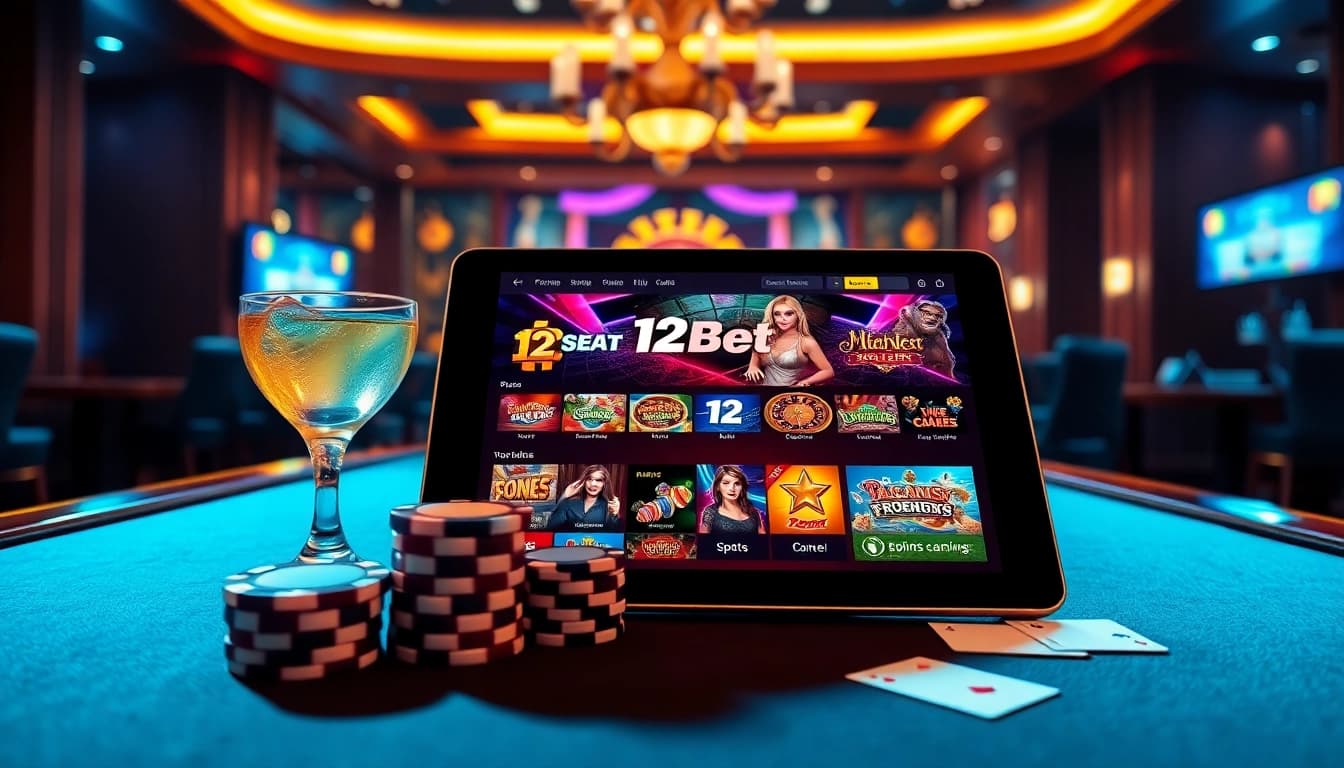 Experience thrilling gaming at 12bet with vibrant casino visuals featuring slots and live dealer games.