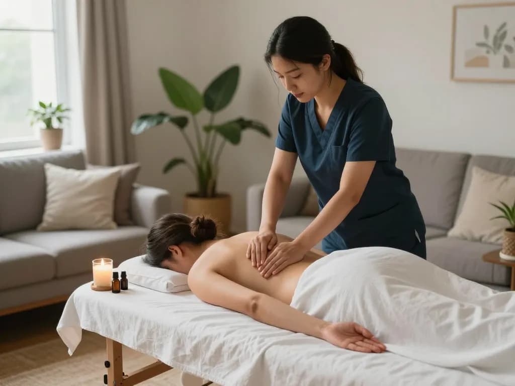 Relaxing aromatherapy massage scene showcasing maxim-anma.net services with soothing atmosphere and professional therapist.