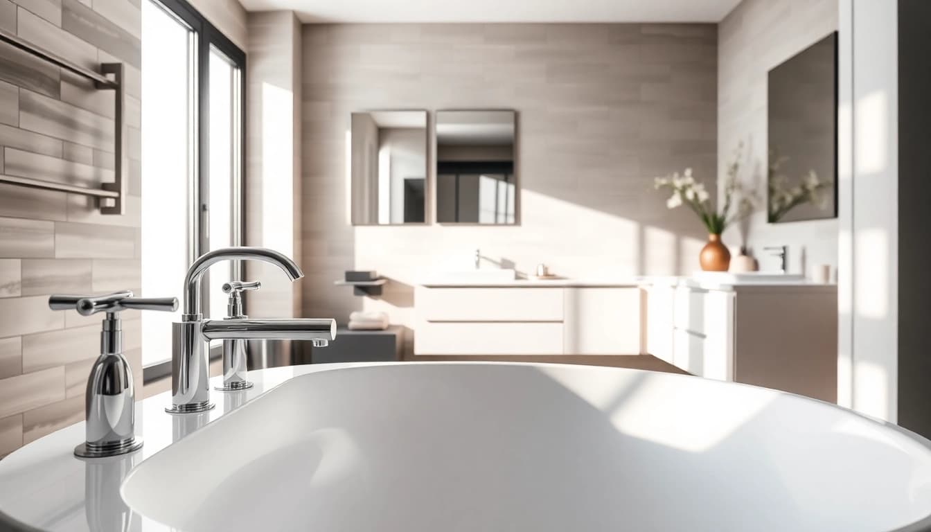 Moderne Badezimmerlösung von sonni sanitär GmbH mit eleganten Armaturen und beruhigenden Farben.