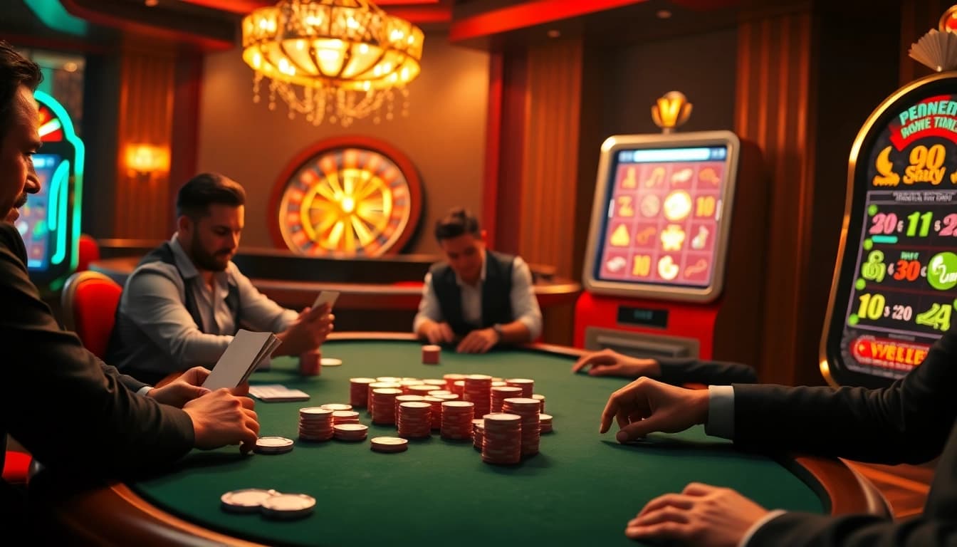 Une scène de casino en ligne France captivante mettant en vedette des joueurs à une table de poker, des machines à sous vibrantes, et une roulette en rotation.