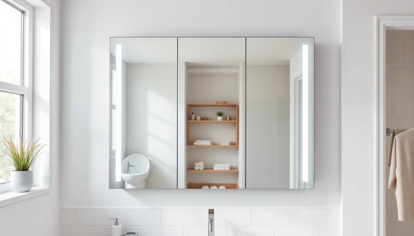 Zeige sonni Spiegelschrank elegant beleuchtet in einem modernen Badezimmer.
