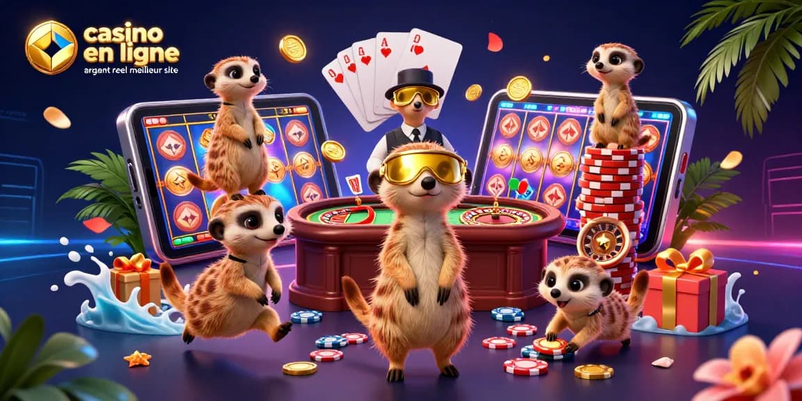 Jouez sur le casino en ligne argent réel meilleur site avec des meerkats illustrant une opération de casino dynamique.