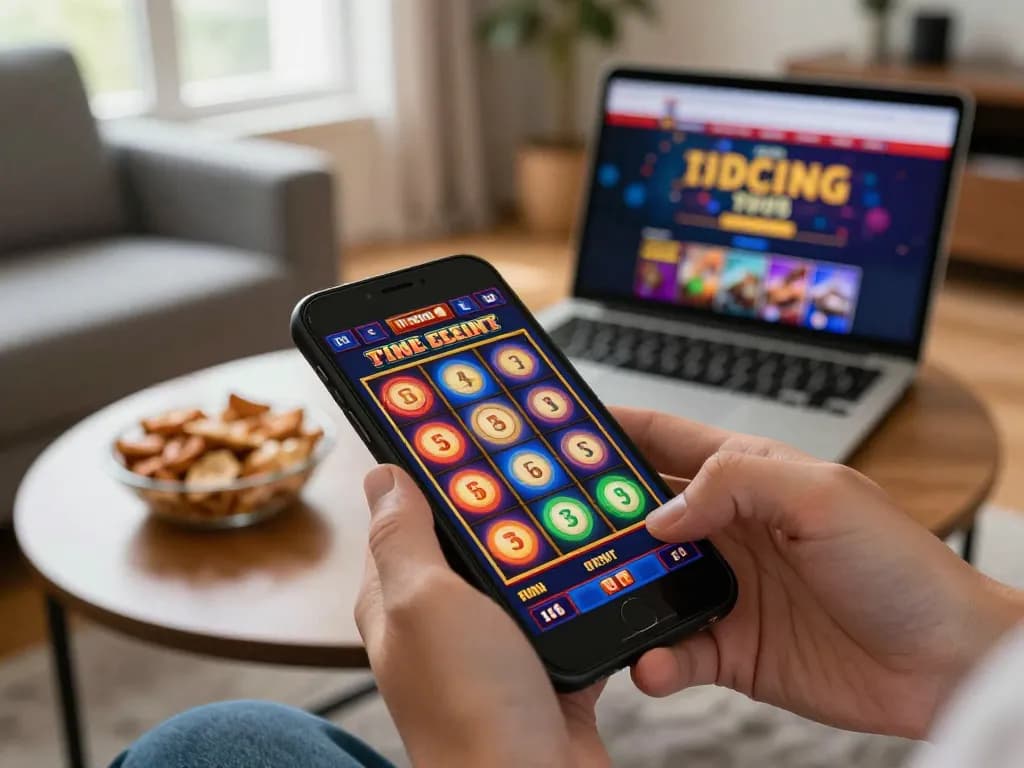 Engaging scene of judi slot gameplay on a smartphone in a cozy home setting, emphasizing vibrant reels and player interaction.