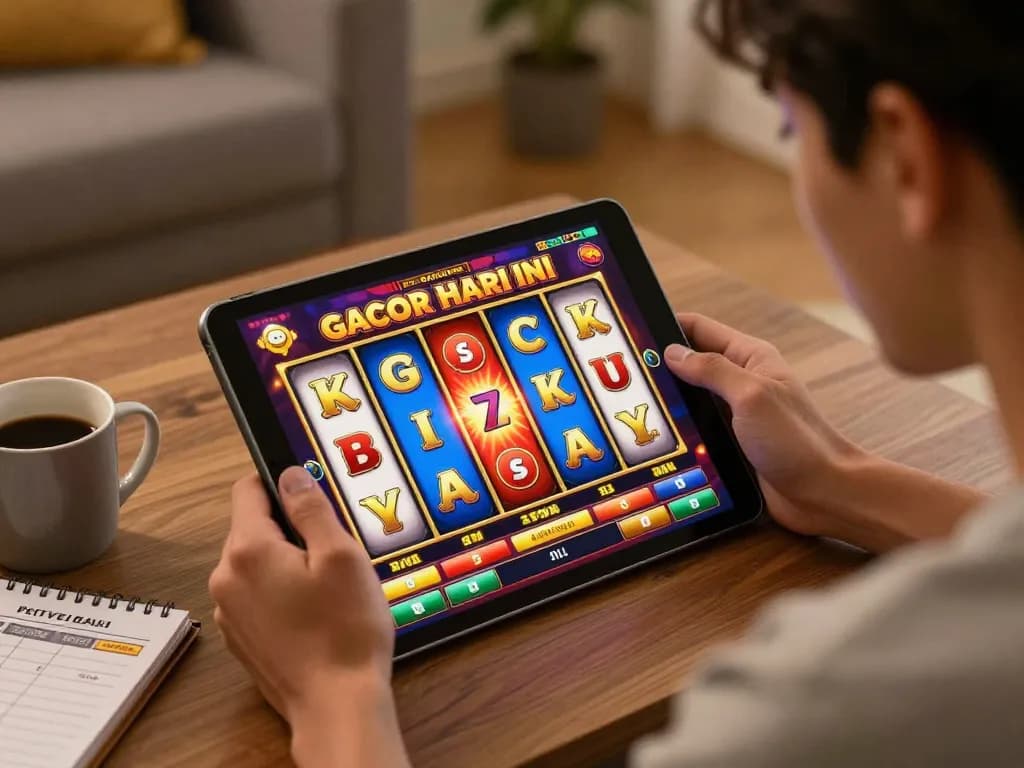 Engaging in slot gacor hari ini action on a tablet with vibrant reels and warm home lighting.