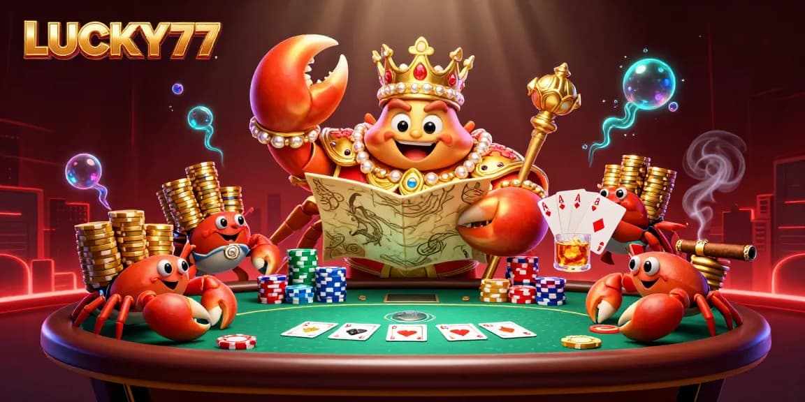 Experience LUCKY77 wins in a vibrant 3D casino realm with a golden crab emperor.