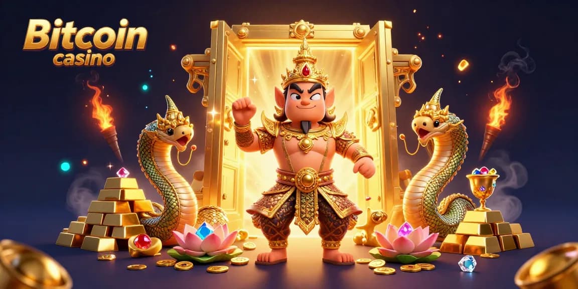 Profitez de l'expérience d'un Bitcoin casino avec des gardiens mystiques et un trésor doré scintillant.