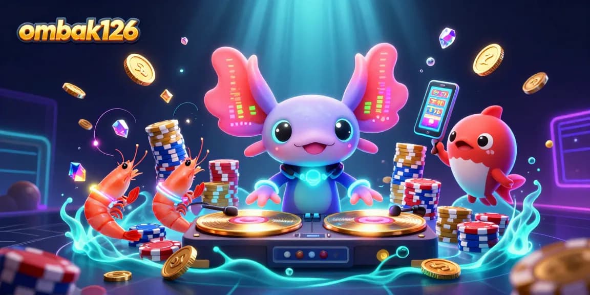Experience excitement at ombak126 with a vibrant underwater casino scene featuring a DJ and animated characters.