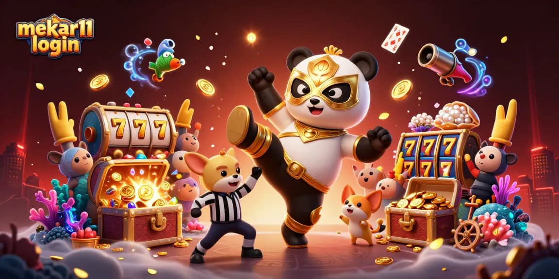 Mekar11 login showcases a vibrant casino scene with a 3D panda wrestler kicking, surrounded by slot reels and lively spectators.