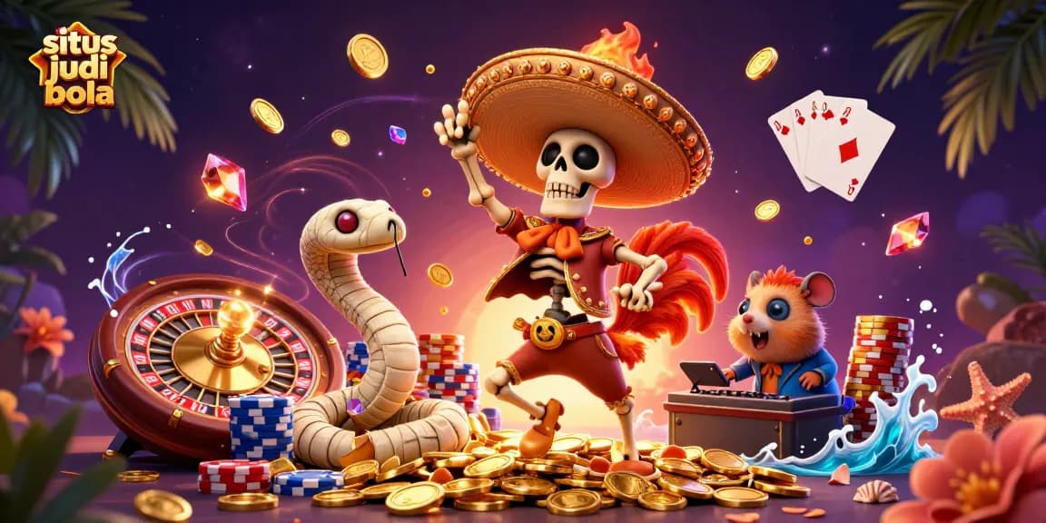 Situs judi bola showcasing a lively scene of a mariachi rooster celebrating with golden coins and a vibrant casino atmosphere.