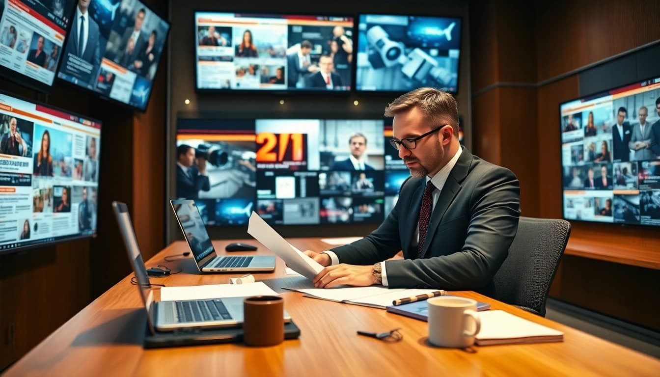 Journalist at a desk using https://www.todayville.com for news writing in a modern, professional setting.