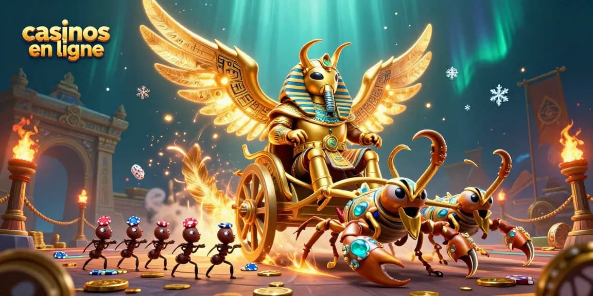 Un ''casinos en ligne'' avec un scarabée d'or géant et des scorpions, entouré de jeux de casino et de pièces d'or.