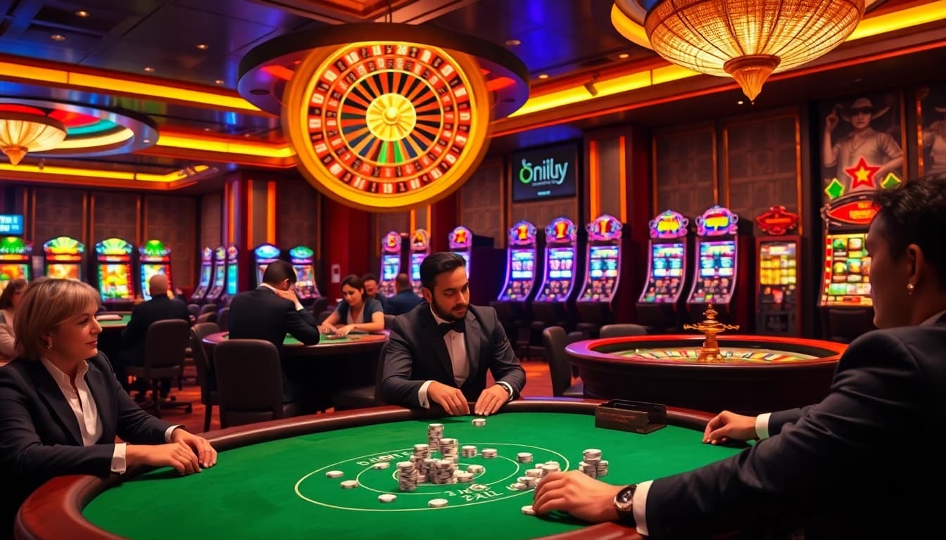 Experience the thrill of onicplay with elegantly dressed gamblers at a poker table surrounded by luxurious casino elements.