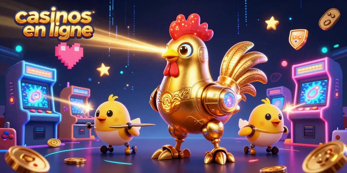 Visitez les casinos en ligne avec une scène dynamique de robots et de jeux d'arcade animés.