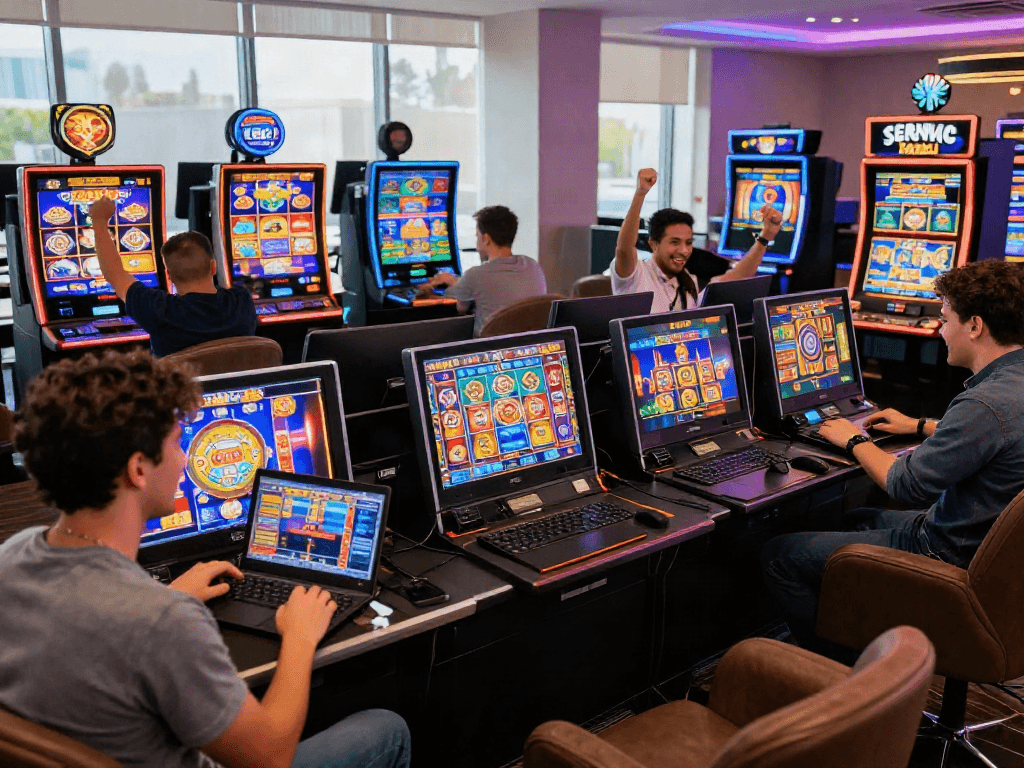 Engaging players enjoying slot server kamboja games in a vibrant online casino atmosphere.