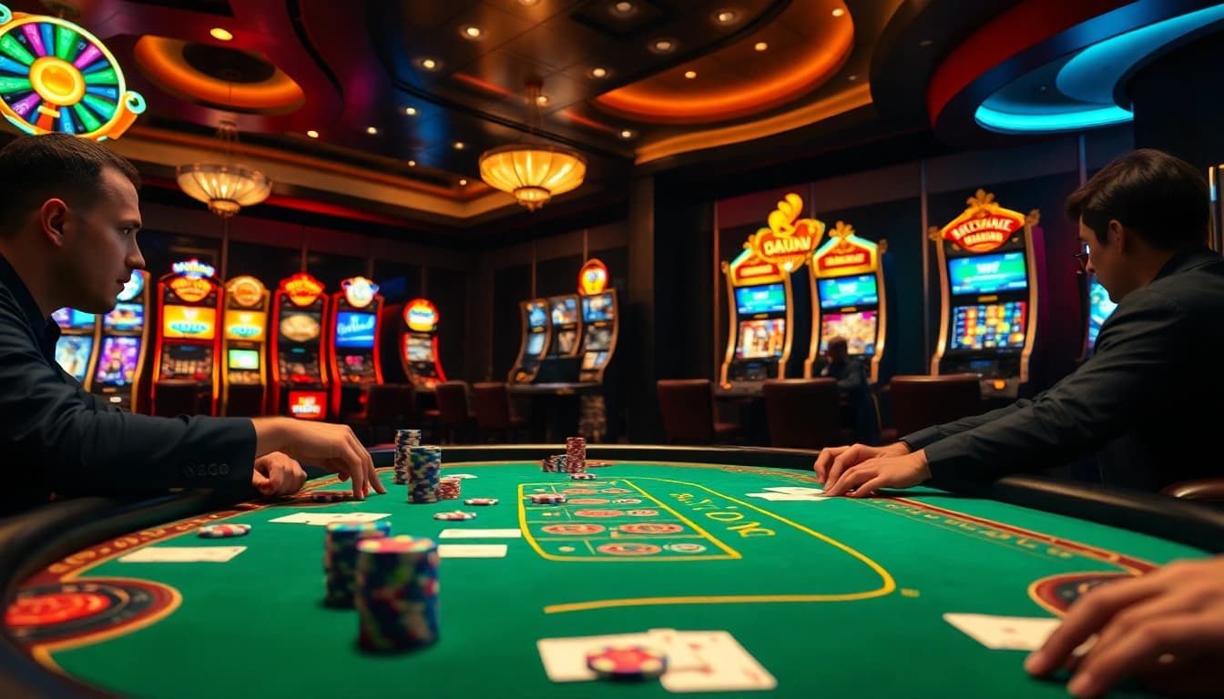 S8 Casino players enjoy high-stakes poker at an elegant table with vibrant slot machines in the background.