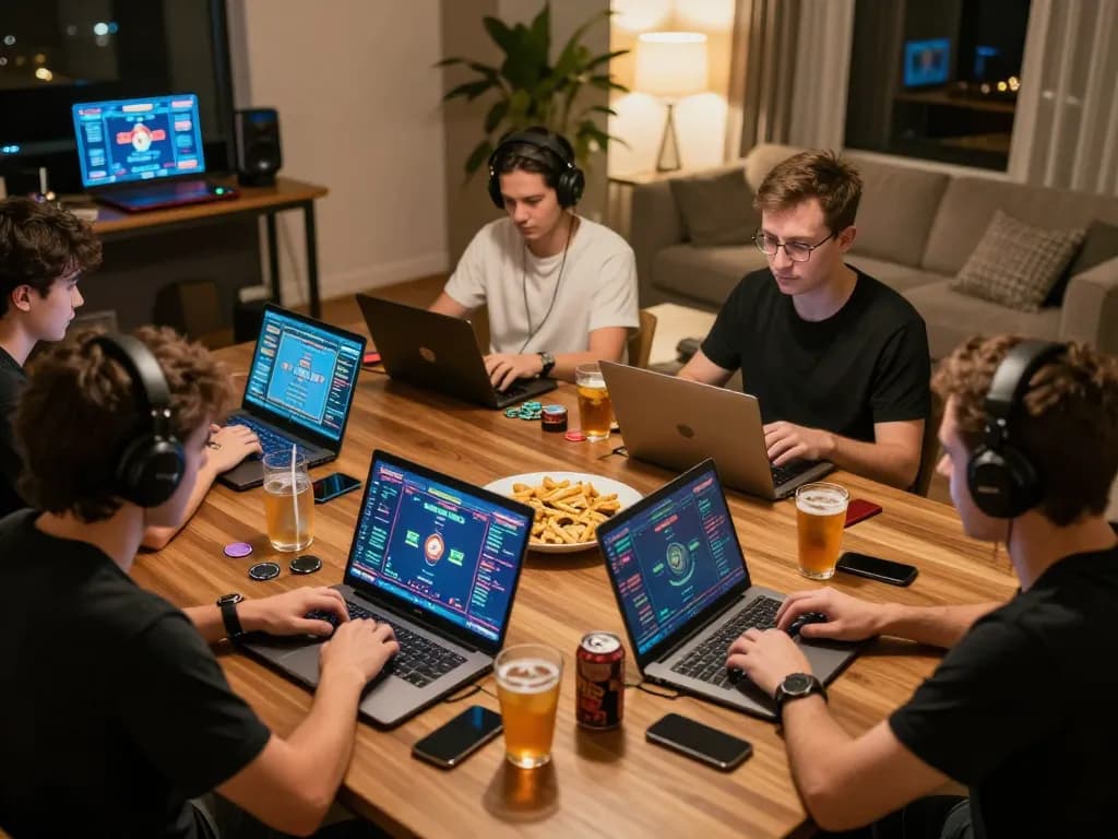 Pemain yang terlibat dalam perjudian online di turnamen poker paris888 dengan pengaturan rumah yang hidup.