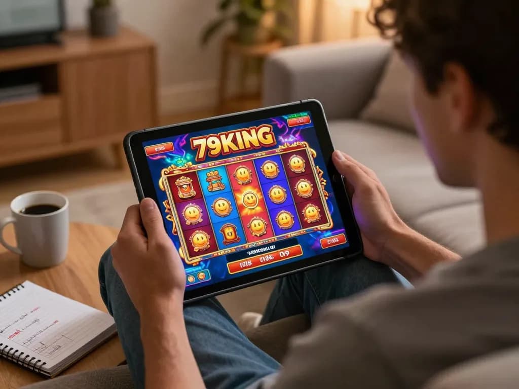 Engaging online gaming scene featuring 79KING slots on tablet with cozy home setup.