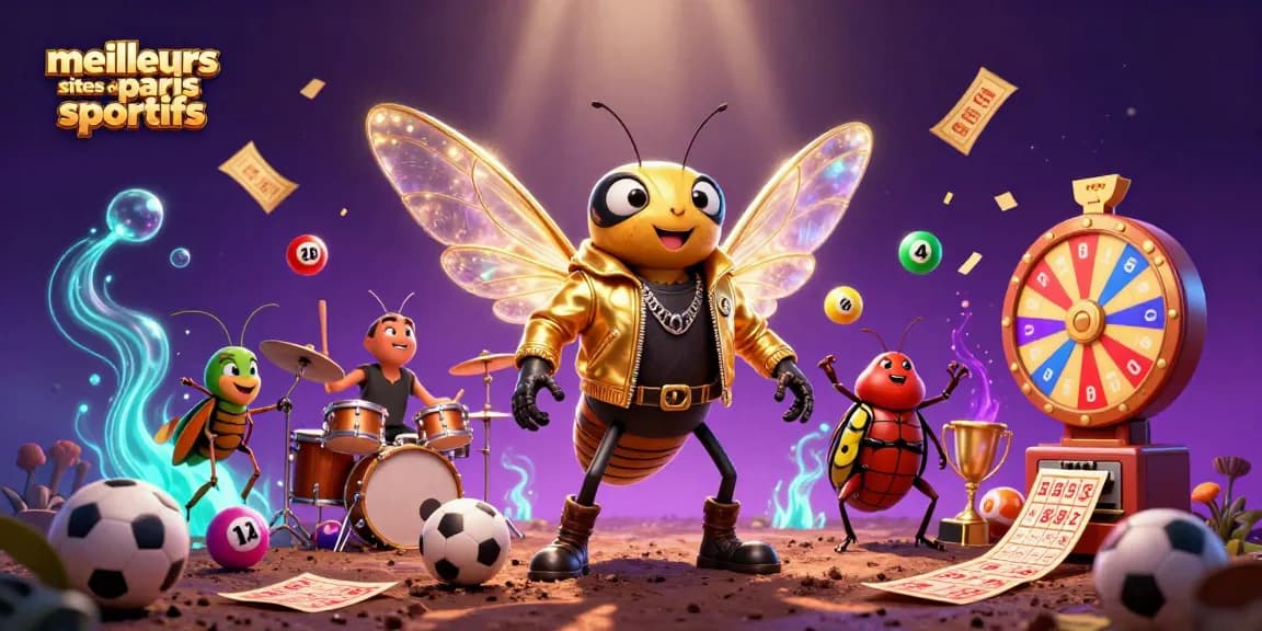 Meilleurs sites de paris sportifs présentant un insecte vibrant rockstar avec des éléments de paris sportifs dynamiques.