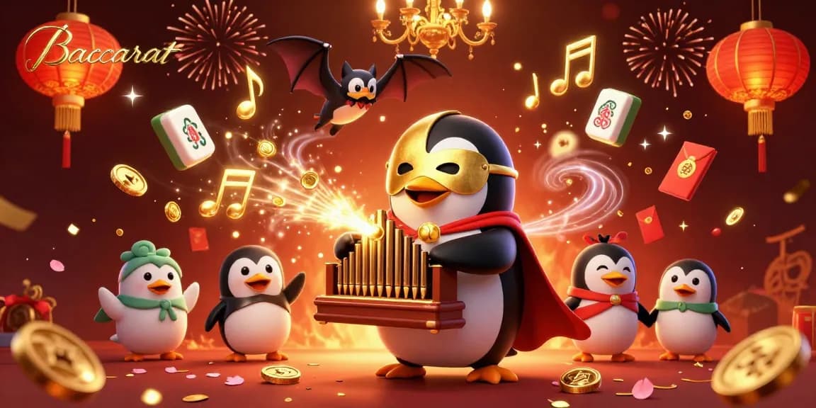 Baccarat-themed illustration featuring a masked penguin and golden musical notes in a vibrant casino scene