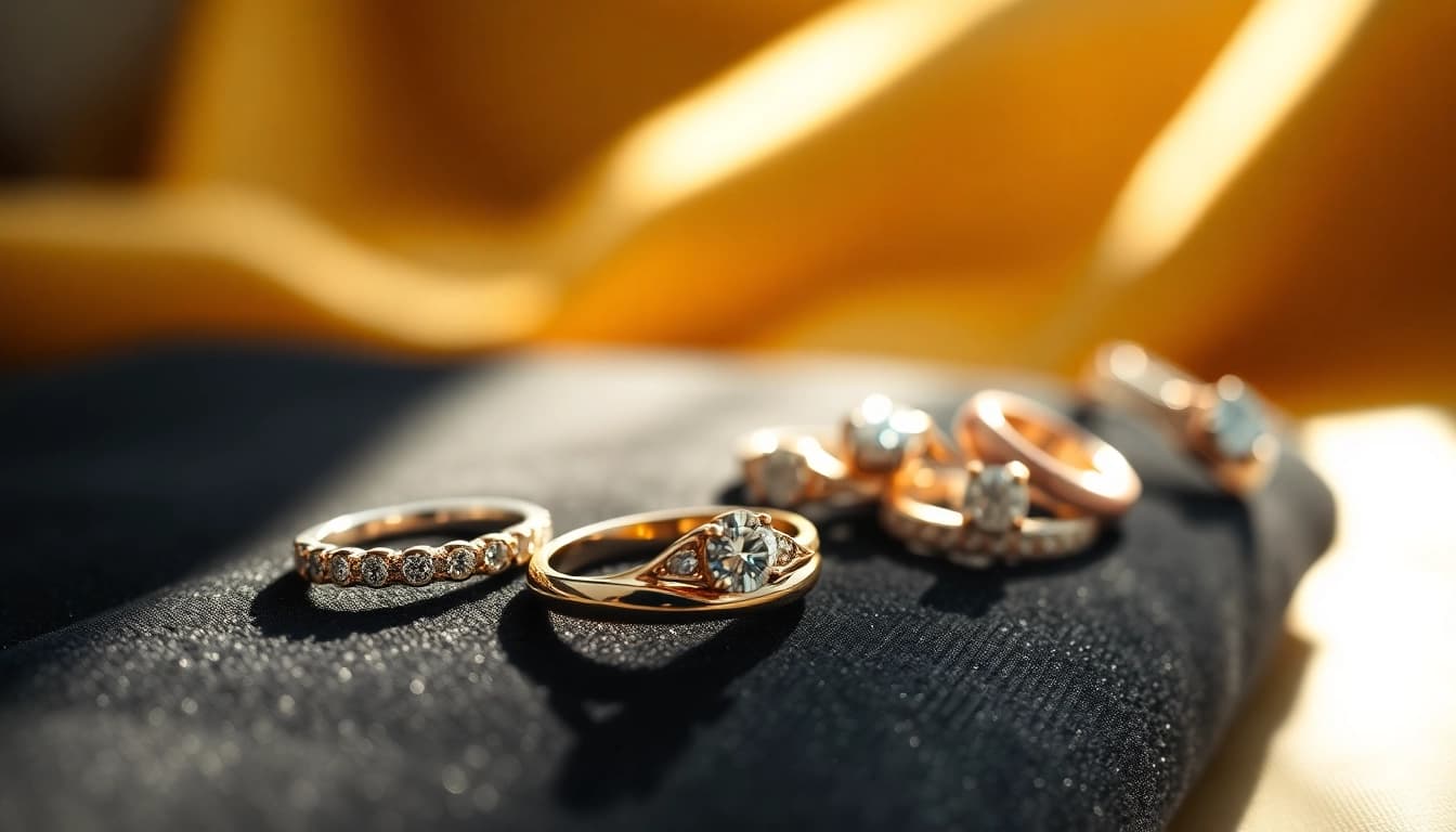 Showcasing stunning luxury rings with intricate designs and gemstones on a velvet surface.