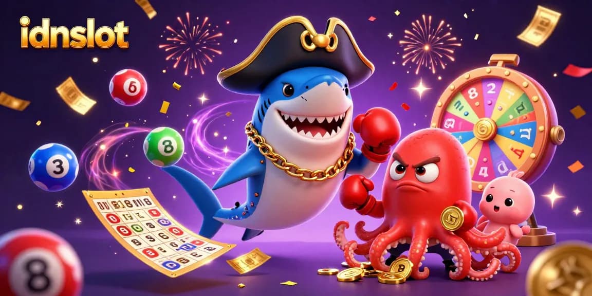 Engage in gaming excitement with idnslot, featuring lottery balls and vibrant casino elements.