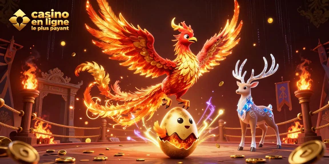 Plaire le casino en ligne le plus payant avec un phoenix flamboyant et un joyau alchimique dans un décor vibrant d'ornements dorés.