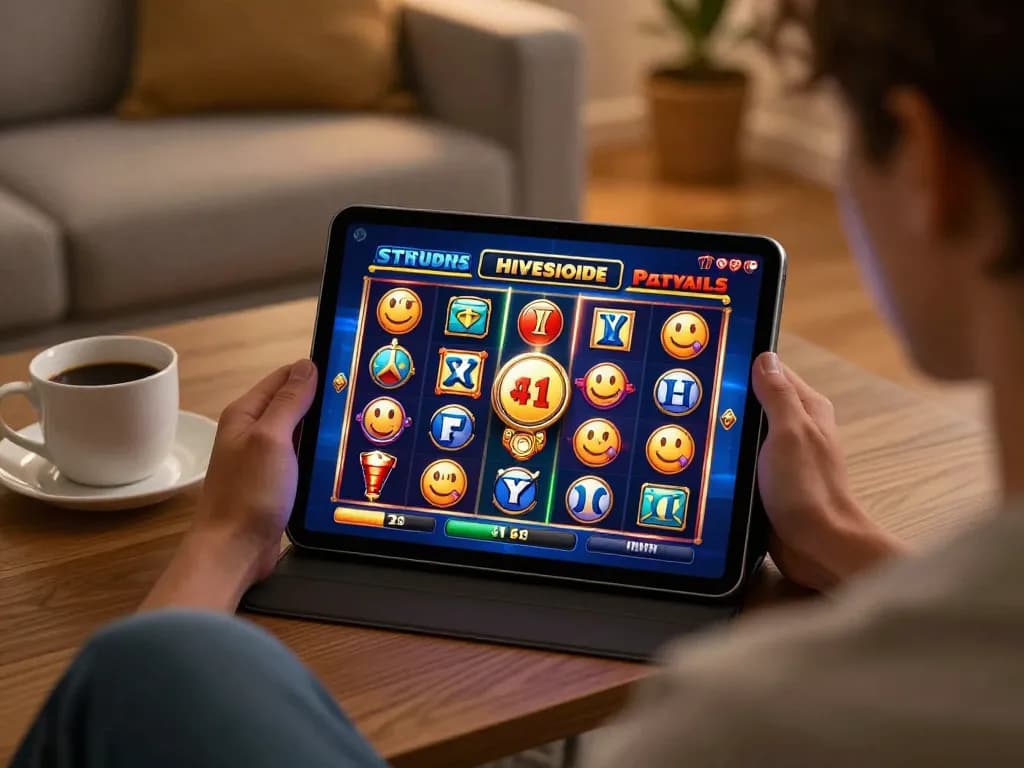 Player enjoying a slot game on tablet with cozy home ambiance and warm lighting