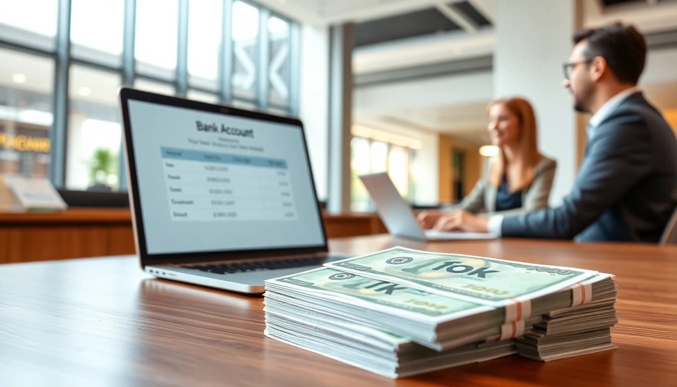 Mengelola deposit 1k dalam suasana profesional di bank dengan uang dan laptop.