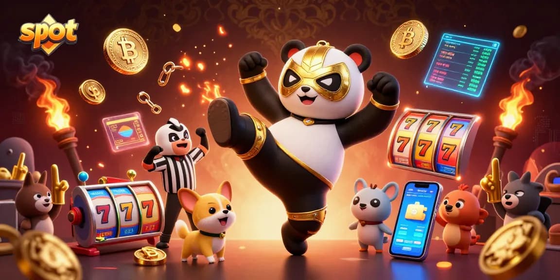 Enjoy exciting slot games with a lively panda wrestler in a vibrant casino scene.