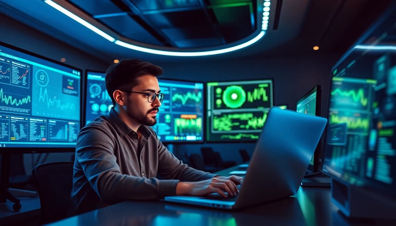 Cybersecurity AI workspace with data visualizations, innovative tools, and a professional atmosphere.