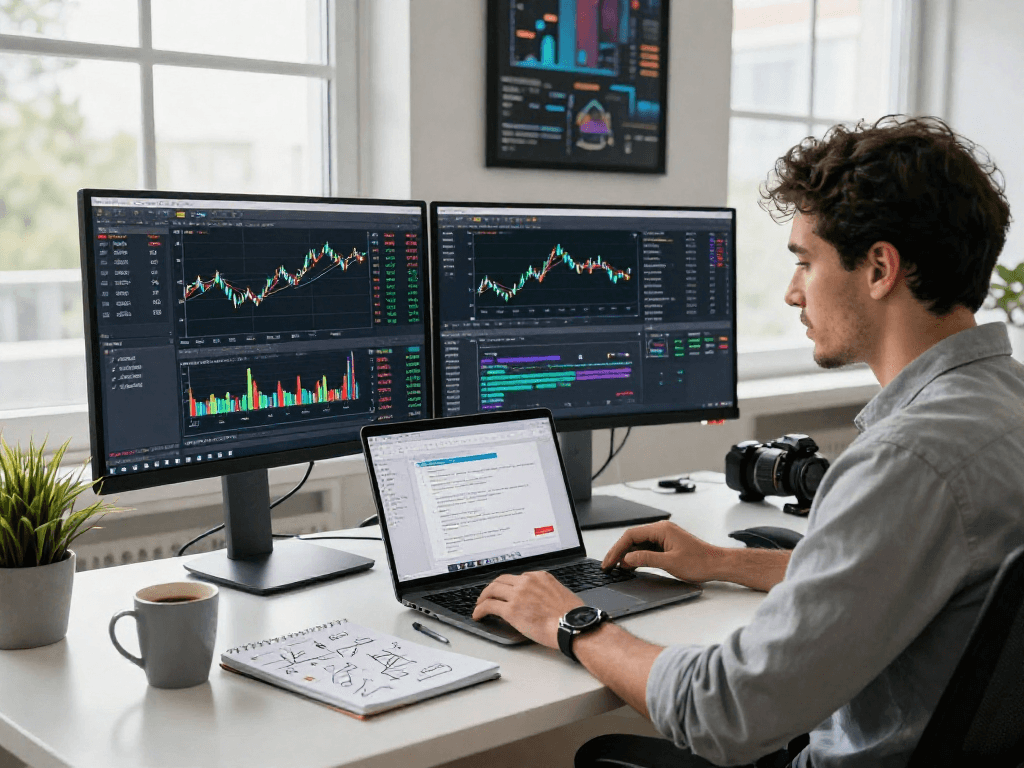Real-time DAX index quote API being coded at a vibrant developer workspace.