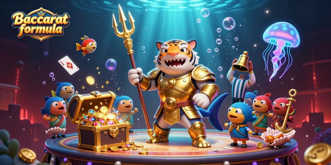 Experience the Baccarat formula in a vibrant 3D underwater scene with a triumphant shark in golden armor and lively casino elements.