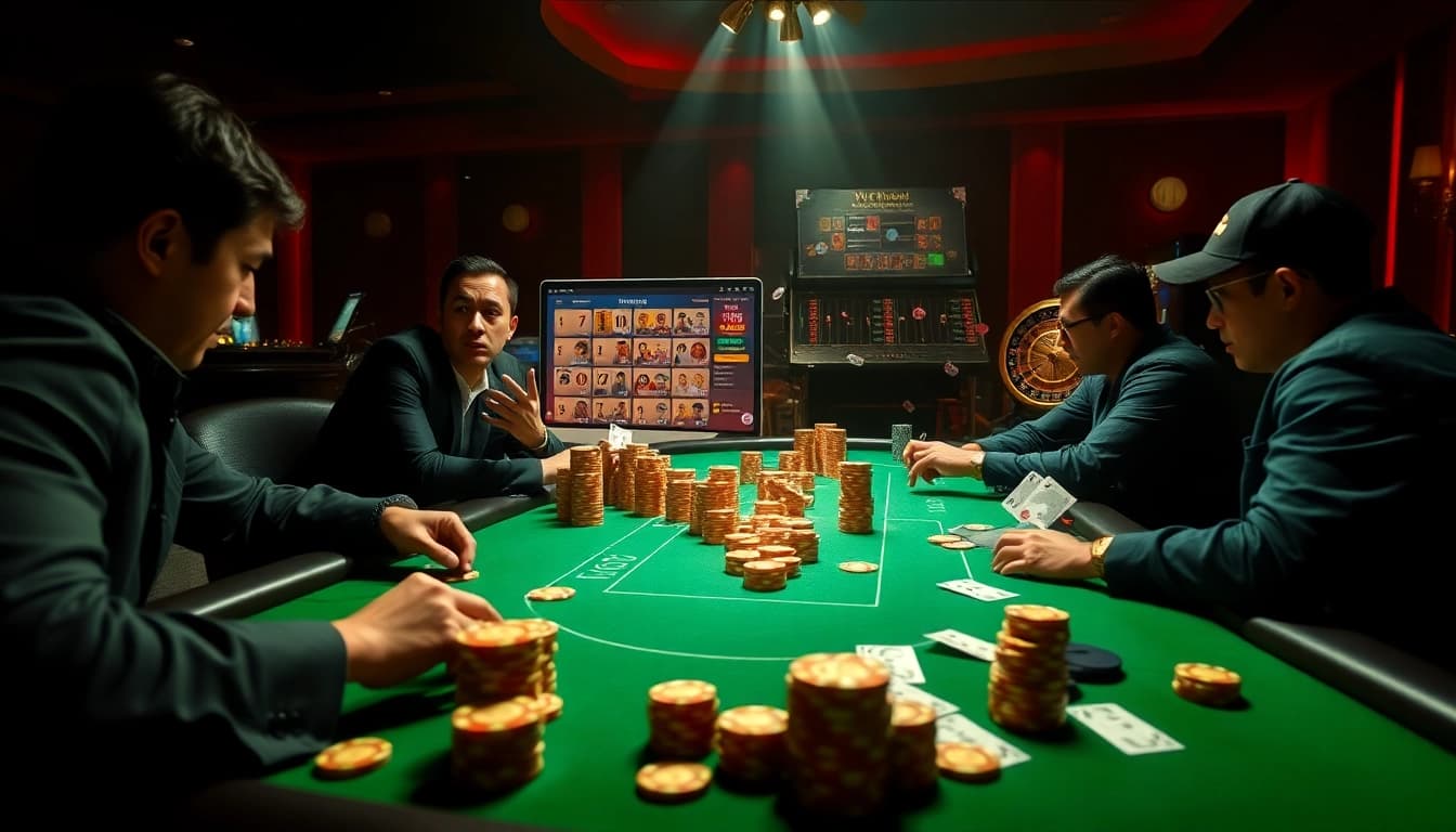 Experience thrilling high-stakes poker action at vn168 as players engage with vibrant casino elements.