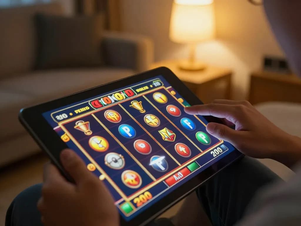 Engaged player making a slot bet 200 perak on a tablet in a cozy home setting.