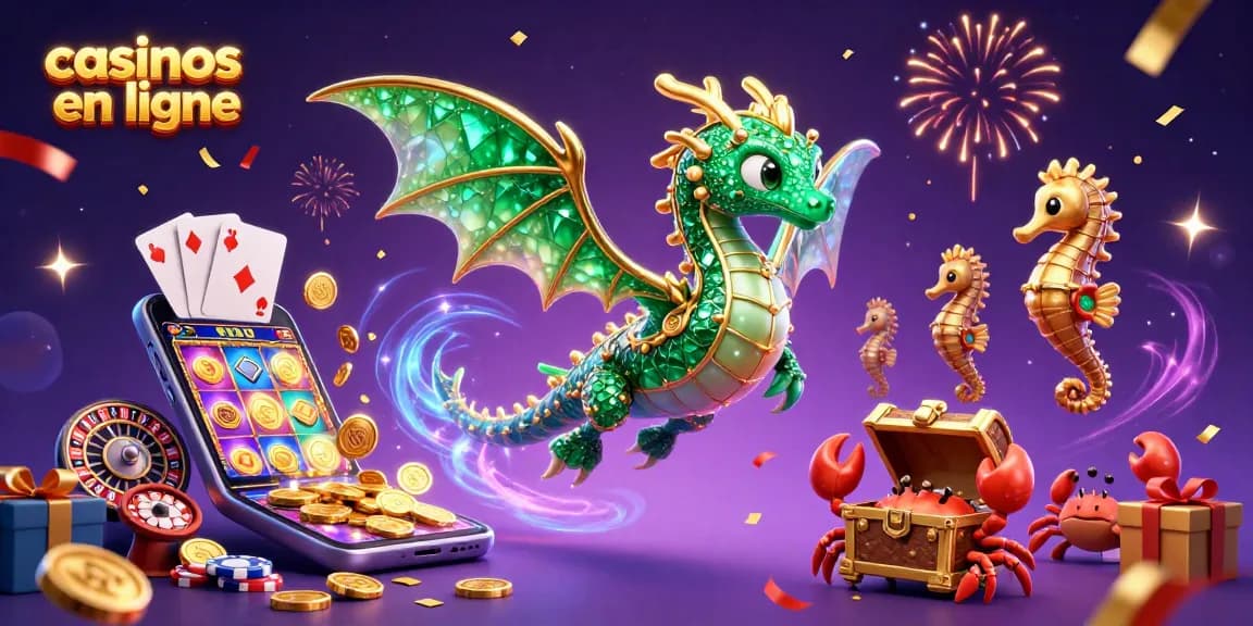 Jouer aux casinos en ligne avec un dragon de mer et une fête colorée.