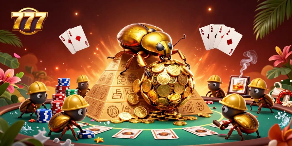 Engage with 777's vibrant casino action as golden beetles roll coins amidst poker excitement.