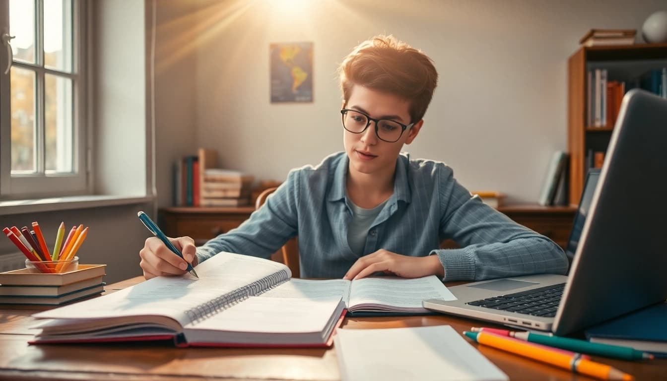 Boost your exam preparation with a focused student studying at a well-lit desk.