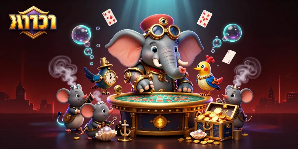 Baccarat table scene with a steampunk elephant engineer surrounded by coins and playing cards.