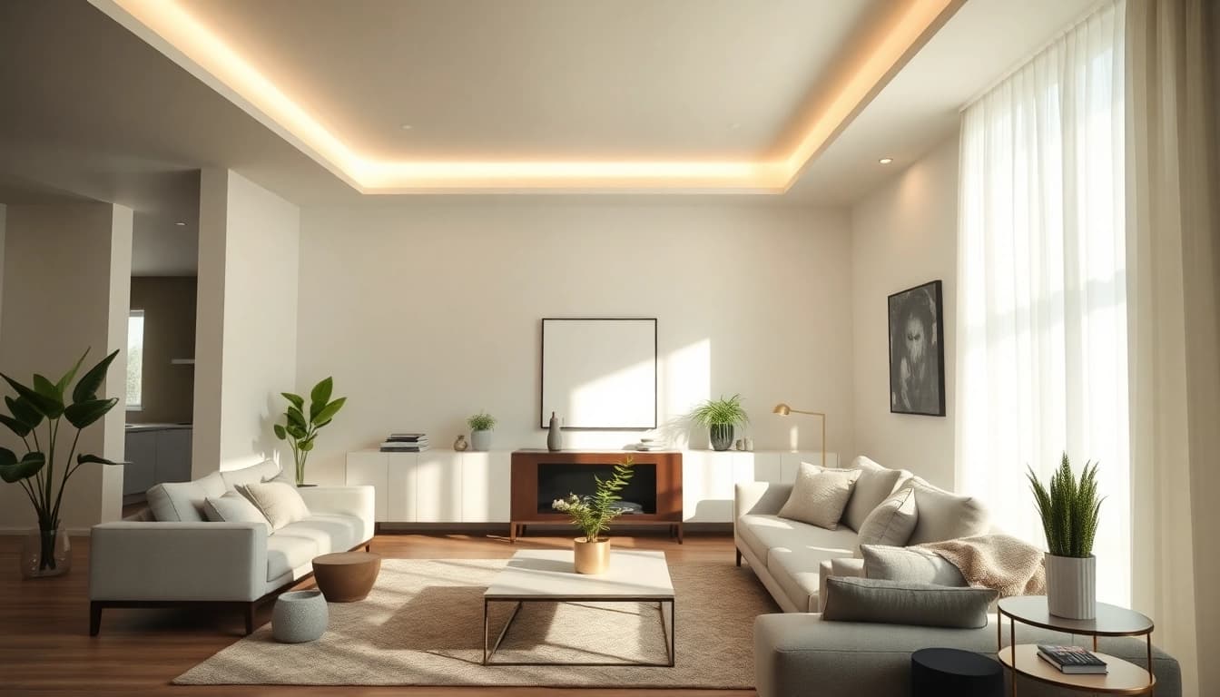 Sleek Illumination enhances the elegance of a modern living room with stylish decor and warm lighting.