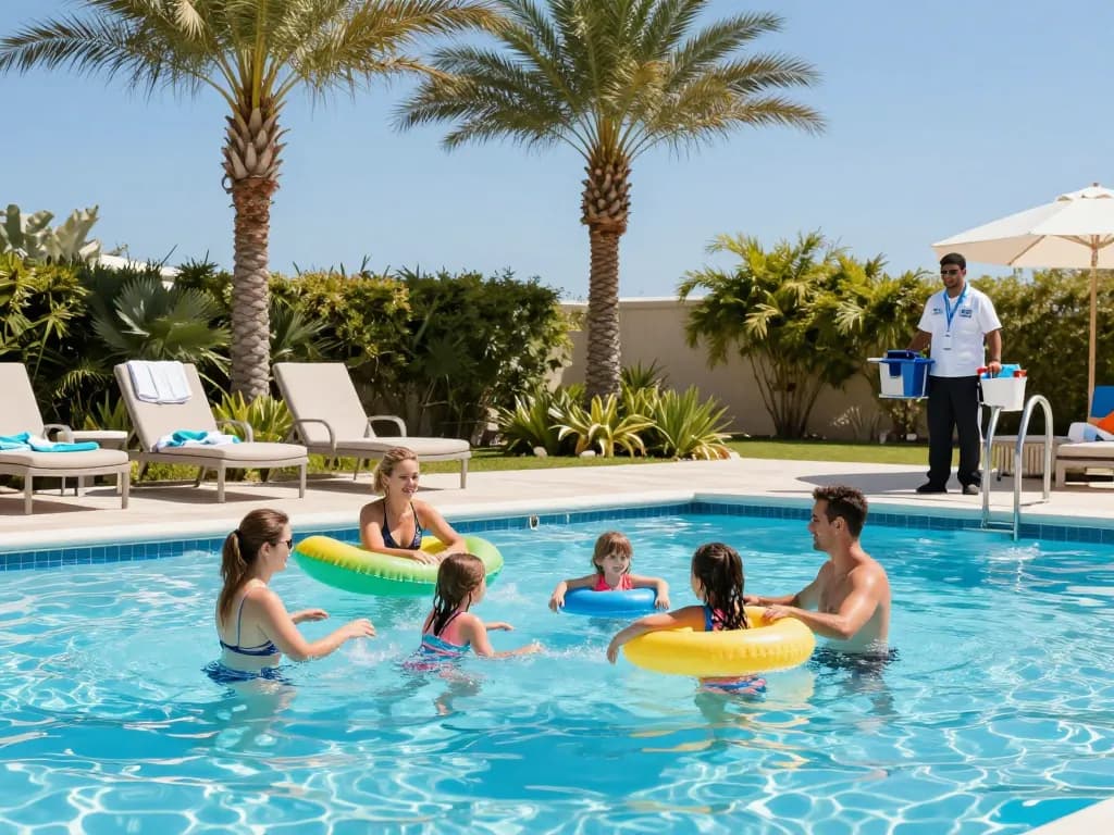 Dolphin Pool Services enhancing family pool enjoyment with professional maintenance and care in a sunny backyard setting.