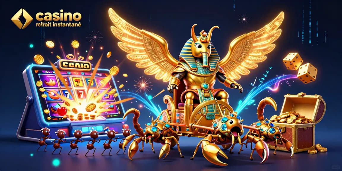 Découvrez le casino en ligne retrait instantané avec des éléments de jeu dynamique et un scarabée géant au centre.