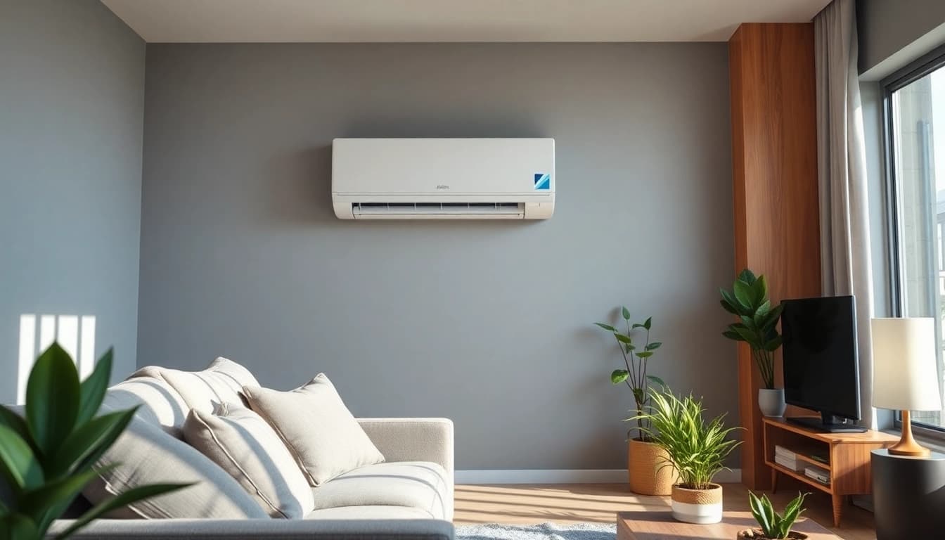 Efficient daikin mini split ac with sleek design showcased in a stylish living room environment.