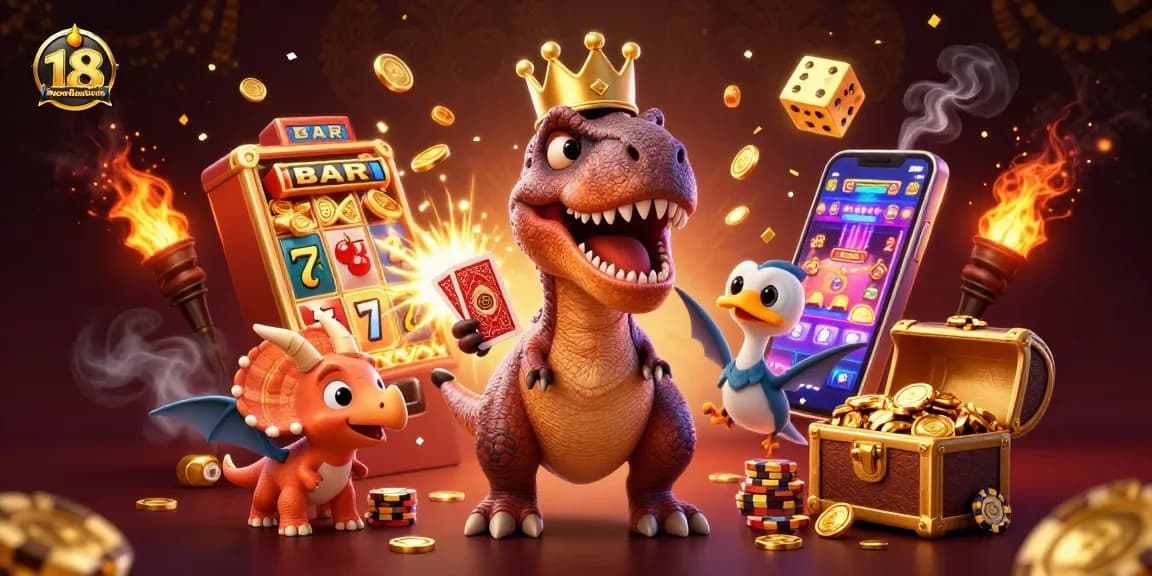 Engage with keonhacai 18 in this vibrant casino scene featuring a T-Rex and friends enjoying gaming.