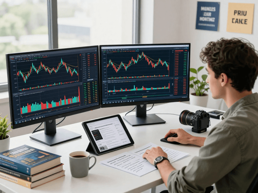 Focused trader using TradingView platform for market analysis in a modern office setting.