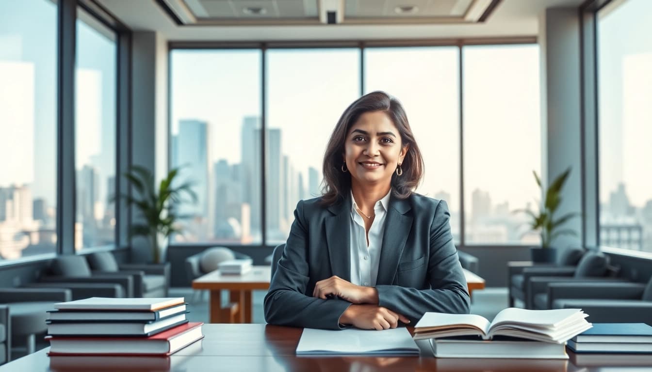 Engaged intellectual property lawyer providing legal expertise in a modern office setting.